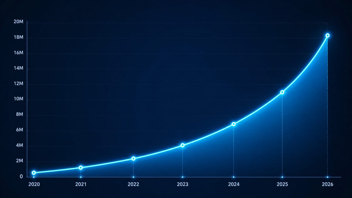黄色软件下载用户增长数据图表,展示2020-2026年注册用户从50万增长至1800万的趋势
